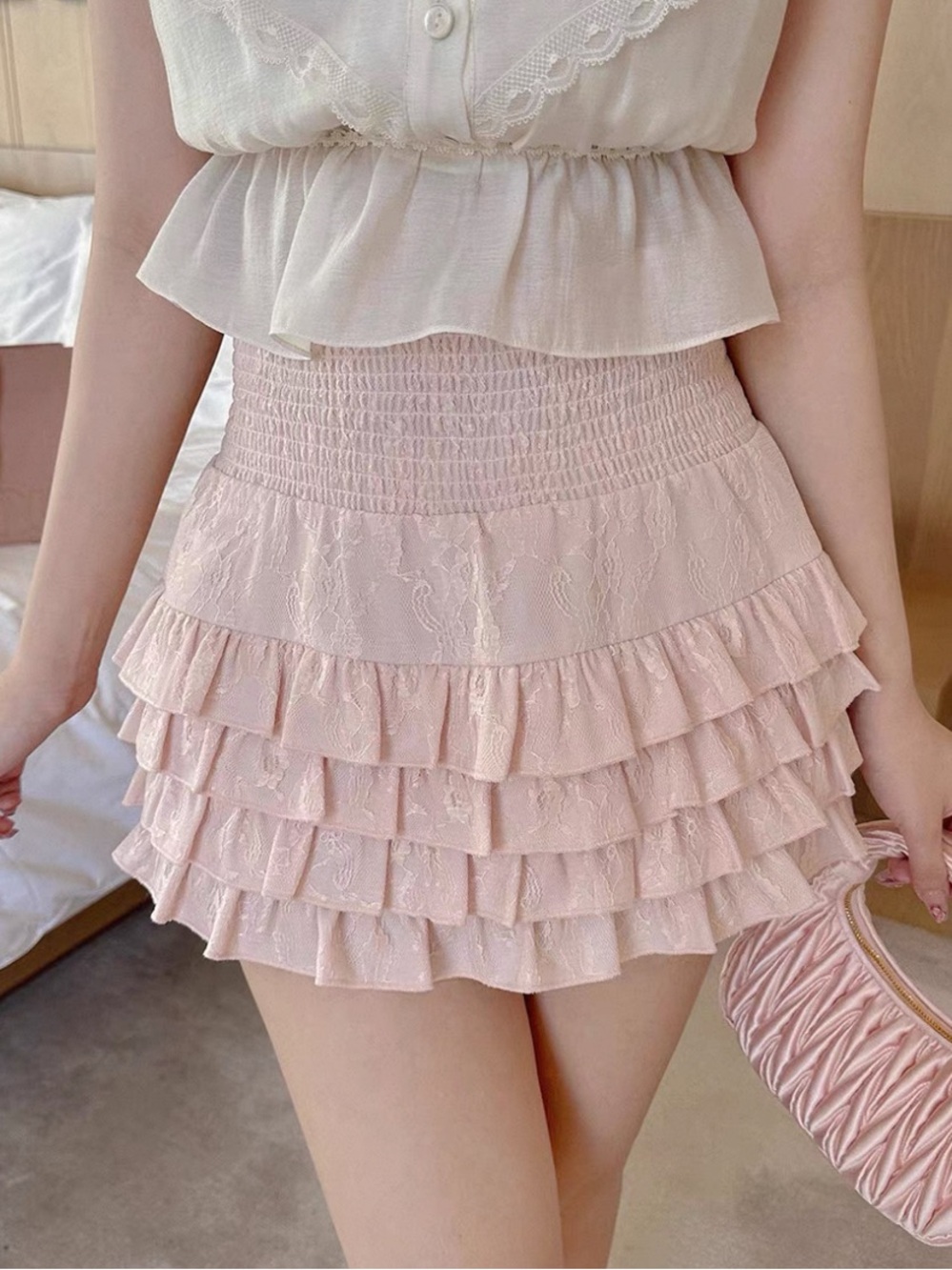 Japanese Kawaii Y2K Cottagecore Lace Dusty Pink Layered Ruffle Mini Skirt